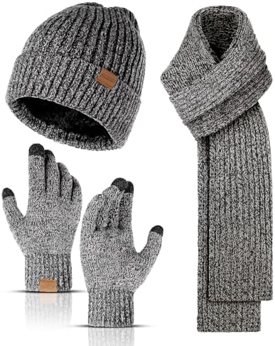 Winter Beanie Hats Long Neck Scarf for Men and Touchscreen Gloves 3PCS Set by HONNESSERRY