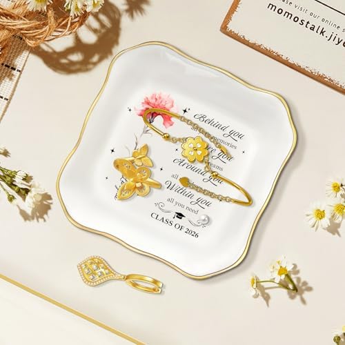 College and High School Graduation Gift for Her, Personalized Graduation Jewelry Dish Class of 2026, Ceramic Ring Tray 4.3x4.3 inches, Customizable Names and Birth Month Flowers - Image 2