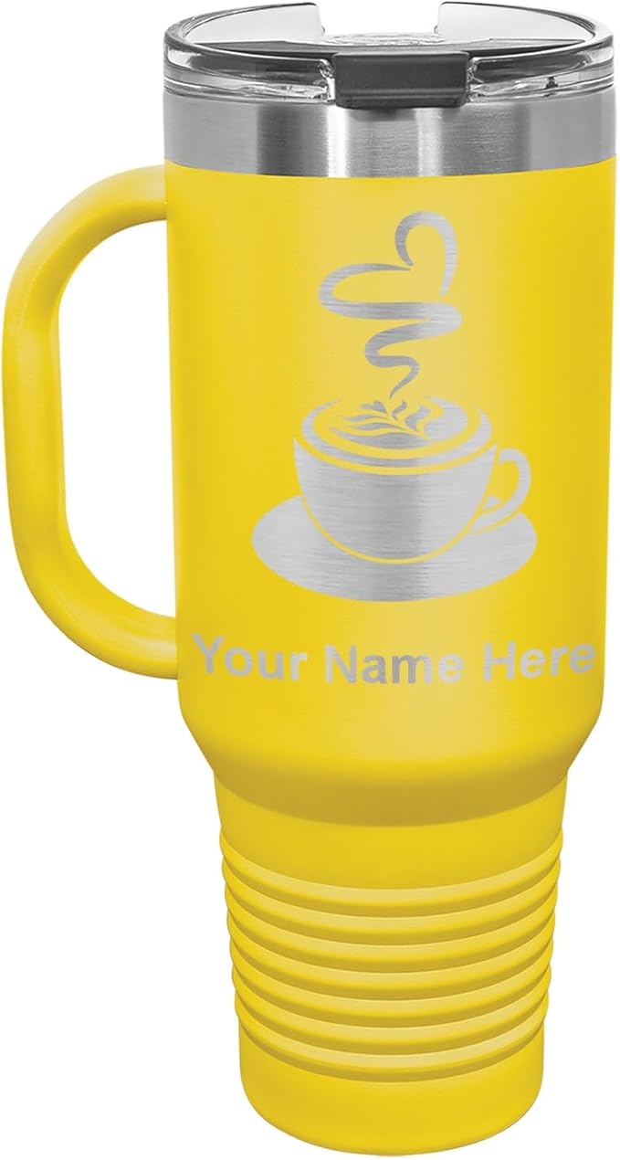 LaserGram 40oz Vacuum Insulated Travel Mug with Handle, Cup of Coffee, Personalized Engraving Included (Yellow)