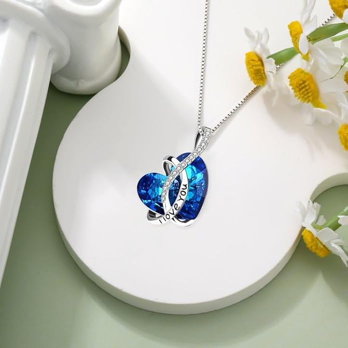AOBOCO I Love You Sterling Silver 12 Birthstone Heart Pendant Necklace Embellished with Crystals from Austria, Mother's Day Anniversary Birthday Jewelry Christmas Gifts for Women Grandma Nana