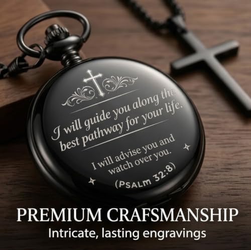 Udaney Jofanvin Christian Gifts for Men, Bible Verse Engraved Pocket Watch and Cross Necklace Set, Religious Graduation Baptism Birthday Gift for Son Grandson Dad, - Image 3