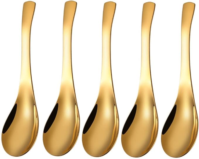 5 PCS Stainless Steel Mirror Finish Soup & Dessert Spoons for Soup, Rice, Tea, Milk, Coffee & Ice Cream(Golden)