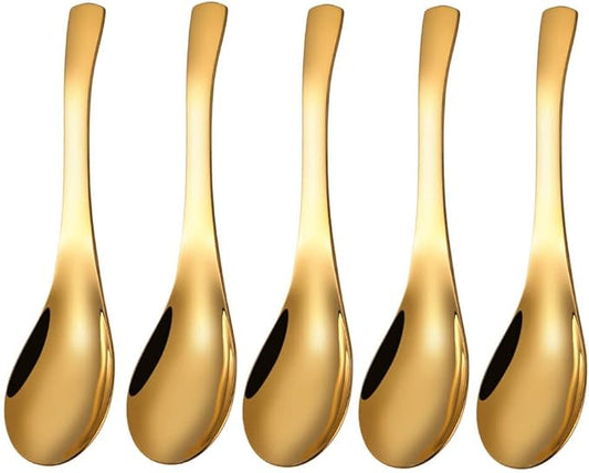 5 PCS Stainless Steel Mirror Finish Soup & Dessert Spoons for Soup, Rice, Tea, Milk, Coffee & Ice Cream(Golden)