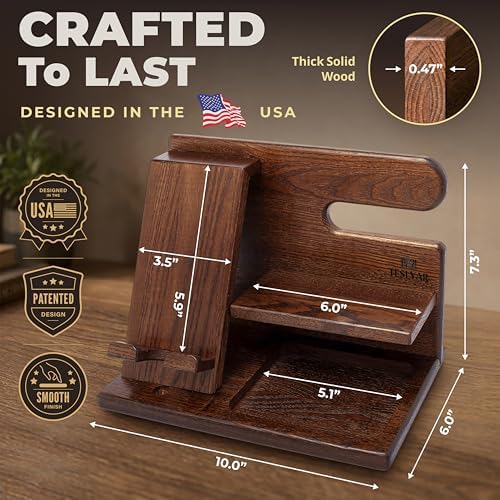 TESLYAR Wood Phone Docking Station for Men - Desktop or Nightstand Organizer - Birthday Gifts for Men, Dad - Anniversary Idea from Wife - Key Holder, Stand Wallet, Watch & Essentials (Bourbon Brown) - Image 5