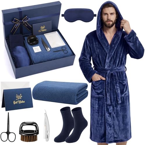 9 Pcs Birthday Gifts for Men Beard Care Set for Him Father's Gifts Basket Kit Get Well Soon Gift Basket with Hooded Robe, Long Towel, Socks for Dad Grandpa Husband Boyfriend(Navy) by Bunnycool