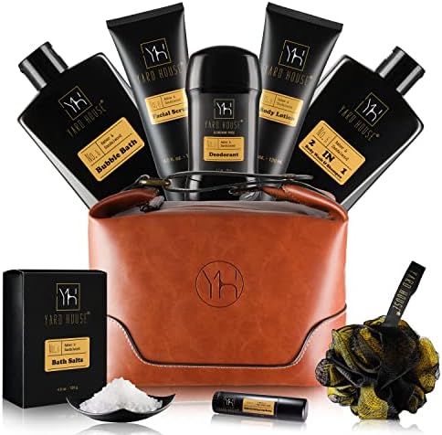 YARD HOUSE Bath and Body Gift Set for Men - Sandalwood Amber - Birthday, Christmas, Fathers Day Gifts From Wife Daughter Son for Husband, Dad - Relax Spa Kit w. Full Size Items in Deluxe Toiletry Bag by YARDHOUSE-BestMensGiftBasket