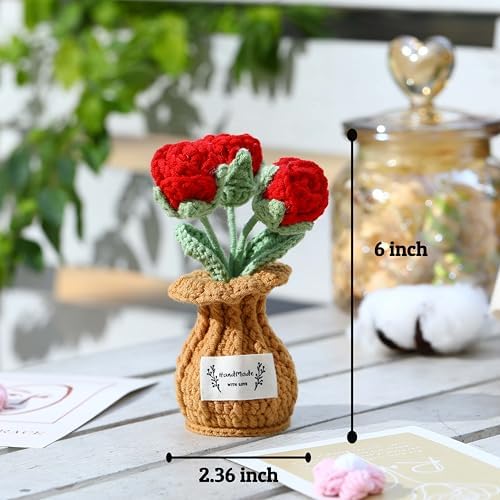 Crochet Rose Flower Potted Plant – Red, Valentines Day Gift for Her, Handmade Knitted Romantic Desk Decor - Image 4