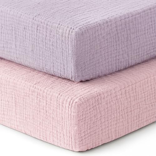 Pro Goleem Muslin Pack n Play Sheets for Girls, Soft Breathable Cotton Fitted Mini Crib Sheets, Baby Sheets for Playard Mattress, 2 Pack (Pink＆Purple) by ProGoleem