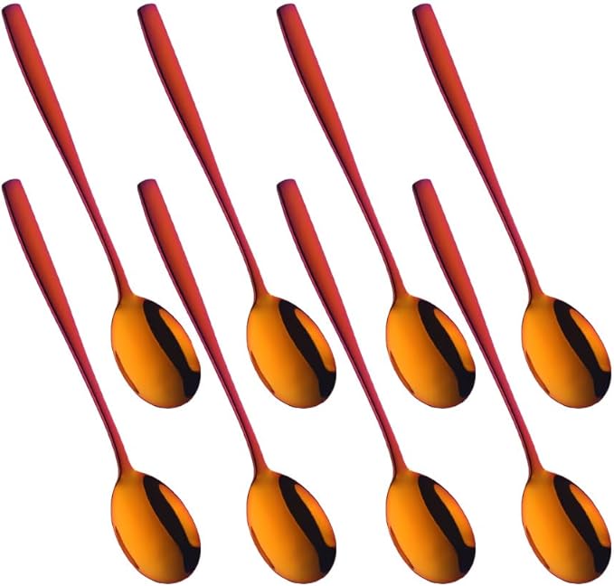 Metal Round Spoons, 8 inch Stainless Steel Reusable Long Handle Korean Soup Spoons, Table Dinner Desert Spoon Set of 8 (Orange Red)