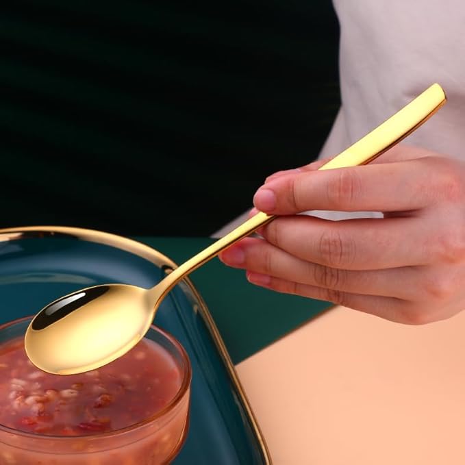 Metal Round Spoons, 8 inch Stainless Steel Reusable Long Handle Korean Soup Spoons, Table Dinner Desert Spoon Set of 8