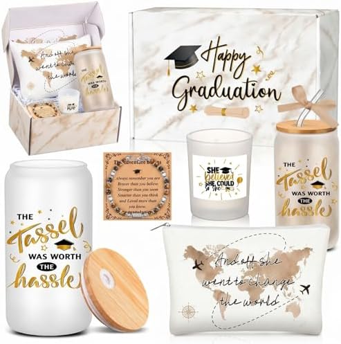 Potchen 7 Pcs Graduation Gifts for Girl Her Class of 2026 College High Graduation Gifts Box Set with 16oz Glass Cup Cosmetic Bag Bracelet Scented Candle with Box for Women Daughter Friend(Brown) by Potchen