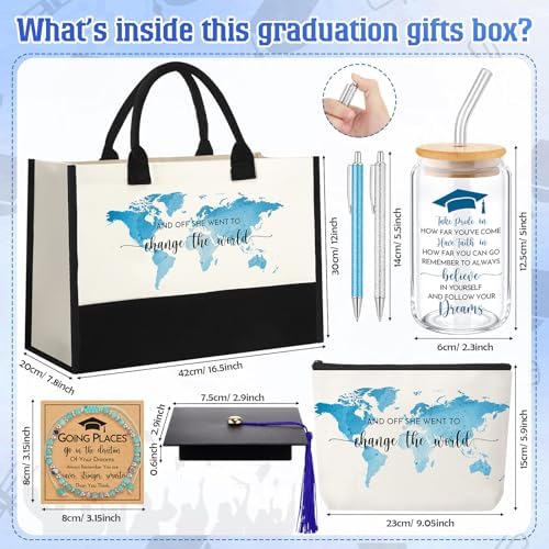 Vesici 8 Pcs Graduation Gifts Set for Women Her 2026 with Tote Bag Makeup Bag Bracelet Box Glass Cup Pens Class of 2026 Congratulations Graduate Gift Basket for College Senior Nurse(Blue) - Image 2
