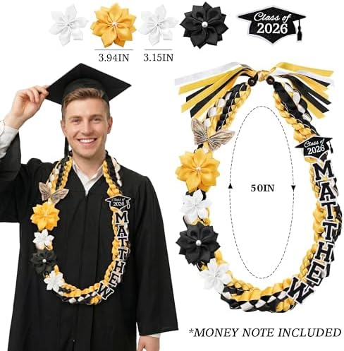 Personalized Graduation Lei 2025 2026 – Custom Name Hand Woven Ribbon Lei with Flowers Butterfly Charm | Class of 2026 Money Lei | 12 Color Options | 50 Inch | Graduation Gift for Him Her (Style 1) - Image 2