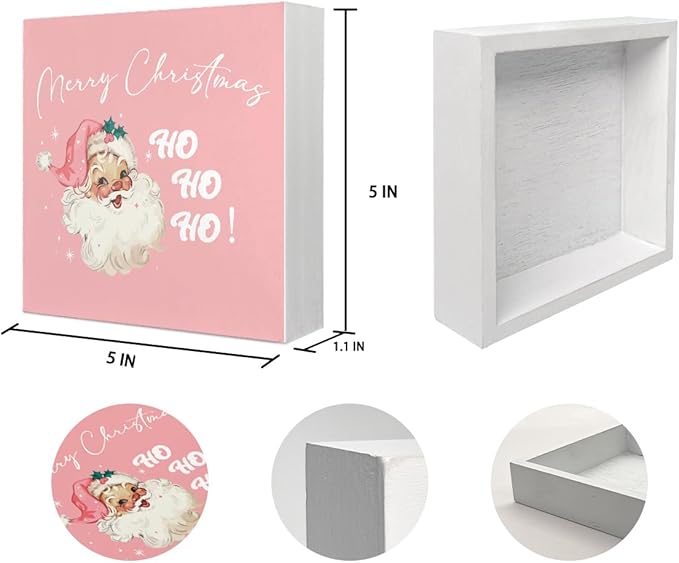 Mtrgdn Pink Santa Claus Decor Sign,Pink Merry Christmas Indoor Wood Box Signs Decorations,Rustic Santa Decor for Home Bathroom Bedroom Kitchen Office Desk Table Shelf Wall,Christmas Gifts for Women,5x5 Inch
