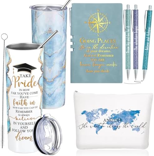 Domensi 6 Pcs Class of 2026 Graduation Gifts for Her Women Blue 20 oz Tumbler Makeup Bag Journal Ballpoint Pen Inspirational Graduation Gifts Set for College High School Daughter Sister Friend by Domensi