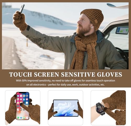 Winter Beanie Hats Long Neck Scarf for Men and Touchscreen Gloves 3PCS Set - Image 4
