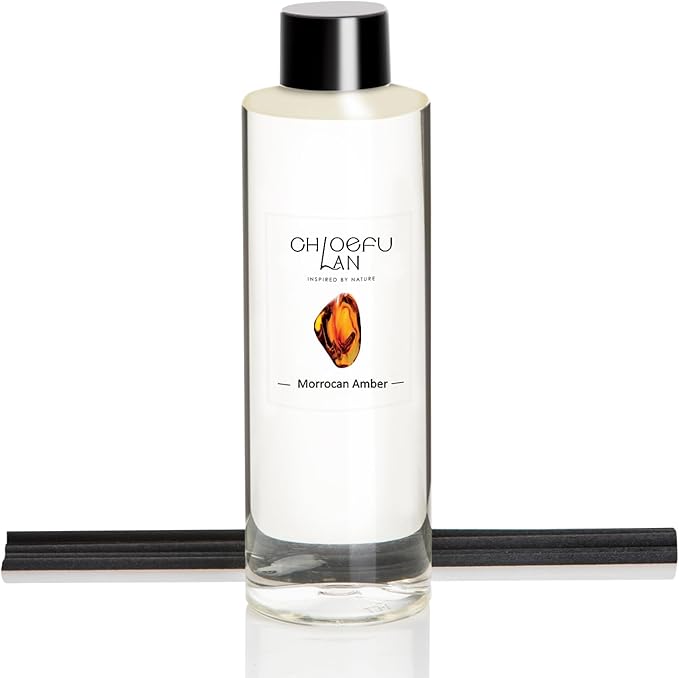 Chloefu LAN Morrocan Amber Scented Oil Diffuser Refill 6.76 fl oz Natural Essential Oil - Best for Home Bathroom Shelf Decor, 0% Alcohol, Unique Blend to Promote Sleep & Relieve Stress