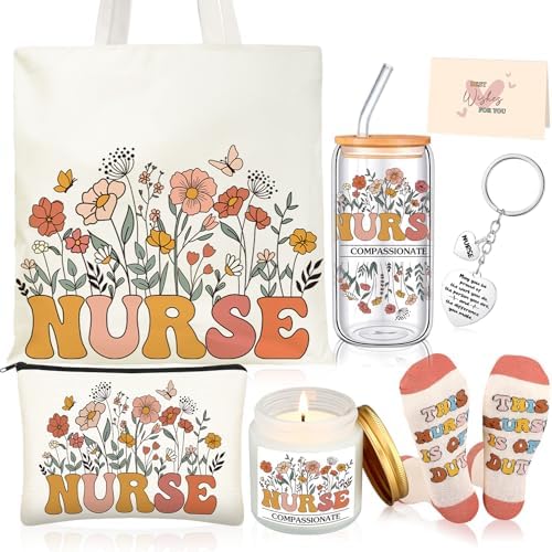 Funnymoom 6 Pcs Nurse Gifts Set CNA Week Thank You Gifts Bulk for Women Nursing Student Rn Practitioner Assistant with 17oz Glass Cup Canvas Tote Bag by Funnymoom