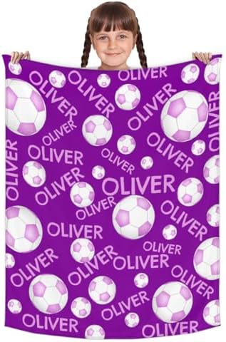 Personalized Baby Blankets for Girls Boys, Custom Baby Blanket with Name Swaddle Toddler Fleece Blanket Personalized Gift Purple Soccer Text - Image 2