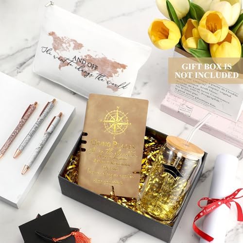 Domensi 6 Pcs Class of 2026 Graduation Gift for Her 16oz Glass Cup Makeup Bag Compass Journal Ballpoint Pens Inspirational Graduation Gift Set for College High School Daughter Sister Friend(Brown) - Image 4