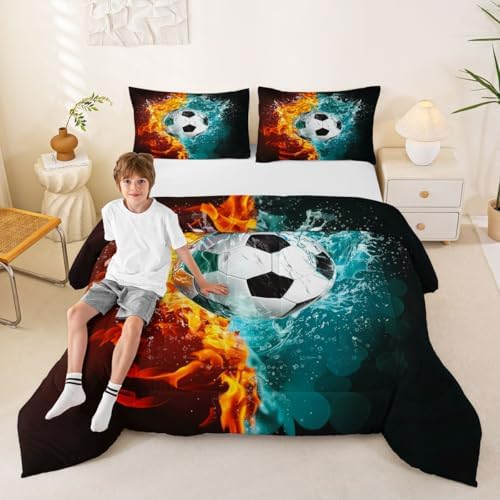 Erosebridal Soccer Bedding Full,Ice Flame Soccer Comforter Set Playroom Sports Bed Sets Football Themed Duvet Insert 3 Pieces - Image 5