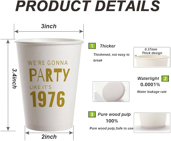 SharkBliss 1976 50th Birthday Party Cups 9oz Gold 20 Pack for Women Men – Party Like It's 1976
