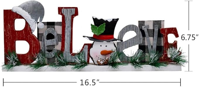 E-View Wooden Snowman Believe Sign, Classic Red Christmas Decor, Tabletop Sign for Home, Shelf, Fireplace, Mantel
