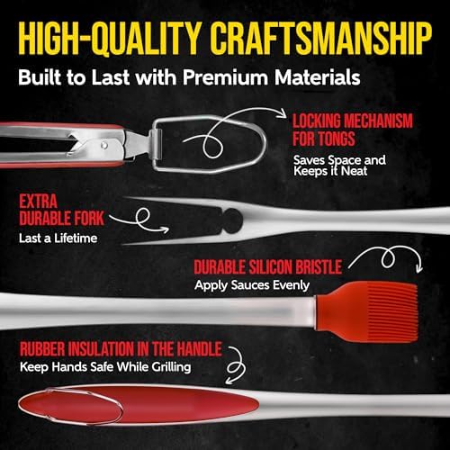 Kaluns BBQ Grilling Accessories, Grilling Gifts for Men Dad, Grill Tools for Outdoor Grill, Heavy Duty Stainless Steel Grill Set with Spatula, Tongs, Fork, Brush, & Grilling Mat, Best BBQ Gifts - Image 5