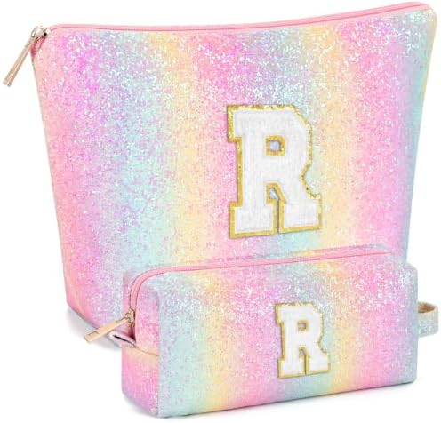 mibasies 2 PCS Initial Makeup Bags for Women: Cosmetic Bag for Travel Toiletry - Birthday Gifts for Teen Girl Gifts Trendy Stuff - Graduation Teacher Gift for Girlfriend -Glitter Rainbow R by mibasies