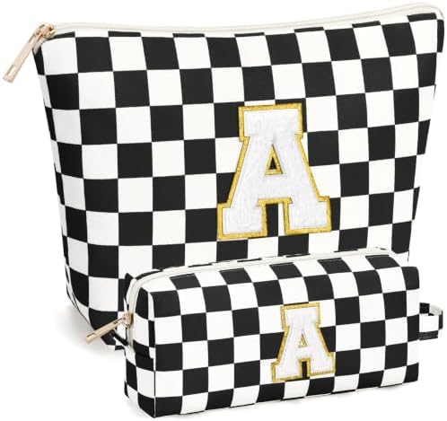 mibasies 2 PCS Initial Makeup Bags for Women: Cosmetic Bag for Travel Toiletry - Birthday Gifts for Teen Girl Gifts Trendy Stuff - Graduation Teacher Gift for Girlfriend -Checkered Black A by mibasies
