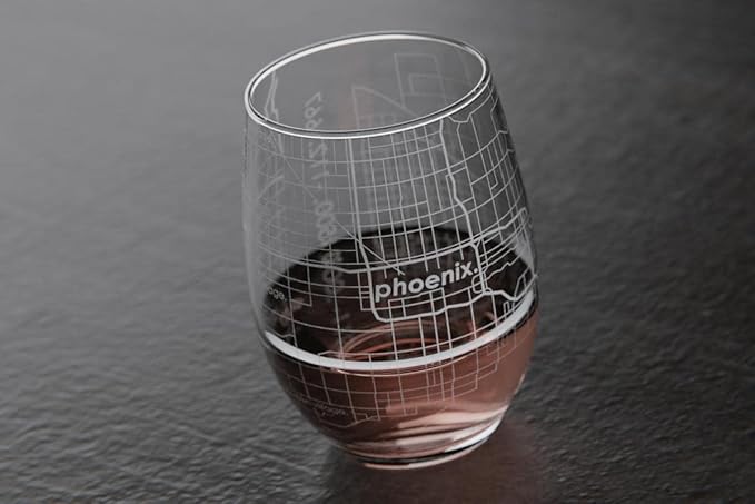 Well Told Engraved Phoenix Arizona Map Stemless Wine Glass, Etched Glass (15 oz, Clear) City Custom Gifts for Lovers