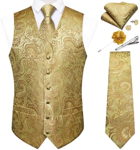 DiBanGu Mens Vest and Tie Set Formal Paisley Waistcoat and Necktie Pocket Square Cufflinks Silk Suit Vest for Tuxedo Wedding by DiBanGu