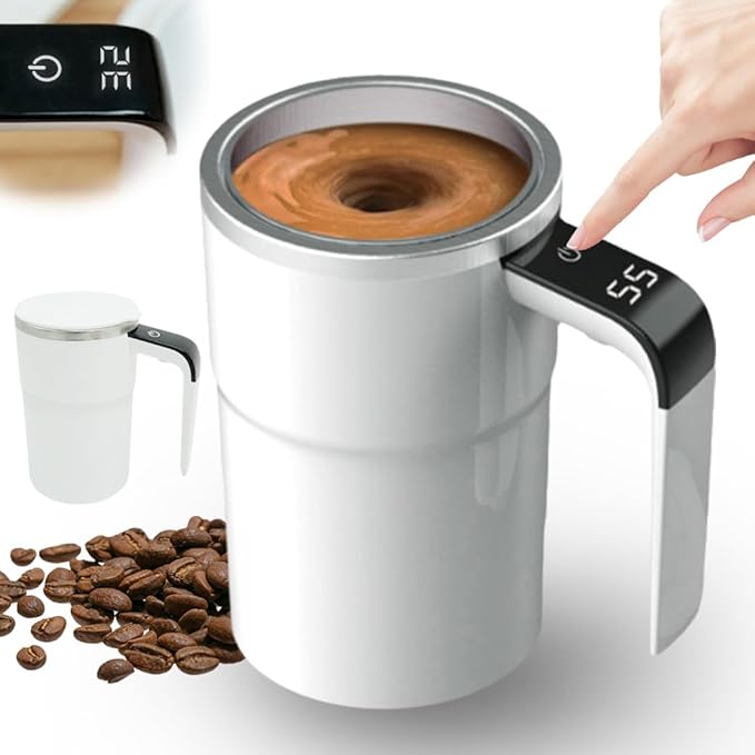 Automatic Magnetic Stirring Coffee Mug with Temperature Display, Rechargeable Stirring Mugs, Multifunctional Spin Mug Birthday Gift for Home Office Kitchen Travel Birthday Gift (White)