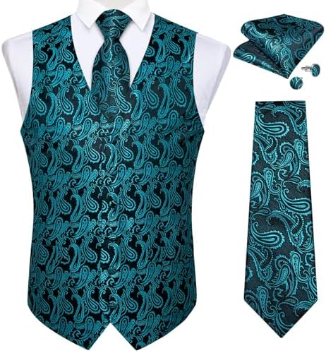 DiBanGu Mens Vest and Tie Set Formal Paisley Waistcoat and Necktie Pocket Square Cufflinks Silk Suit Vest for Tuxedo Wedding by DiBanGu