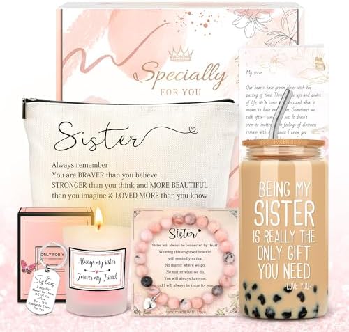 Sister Gifts from Sisters Birthday Gifts for Sisters Adult Best Sister Ever Gift Ideas for Women Cool Presents Set with Funny Glass Cup, Unique Makeup Bag, Scented Candle, Bracelet, Keychain, Card by CHESACE