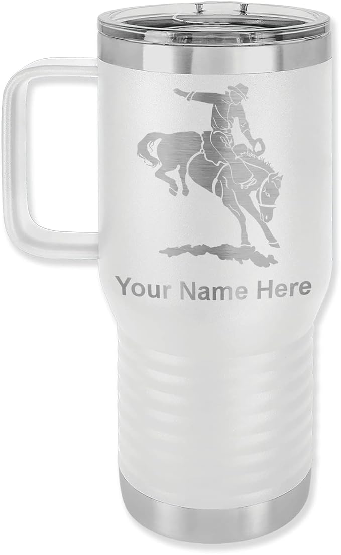 LaserGram 20oz Vacuum Insulated Travel Mug with Handle, Bronco Rider, Personalized Engraving Included (White)