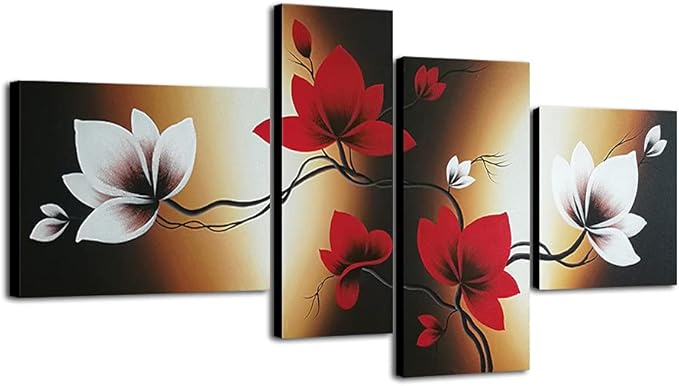 Wieco Art Full Bloom in Spring Red Flowers 100% Hand-painted 4 panels Flower Oil Paintings on Canvas Wall Art for Wall Decor Oil Painting on Canvas