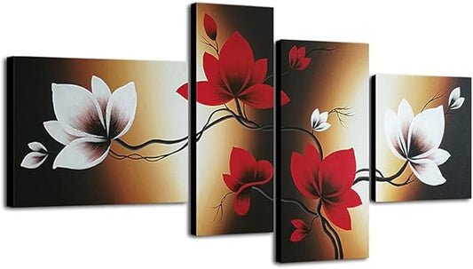 Wieco Art Full Bloom in Spring Red Flowers 100% Hand-painted 4 panels Flower Oil Paintings on Canvas Wall Art for Wall Decor Oil Painting on Canvas