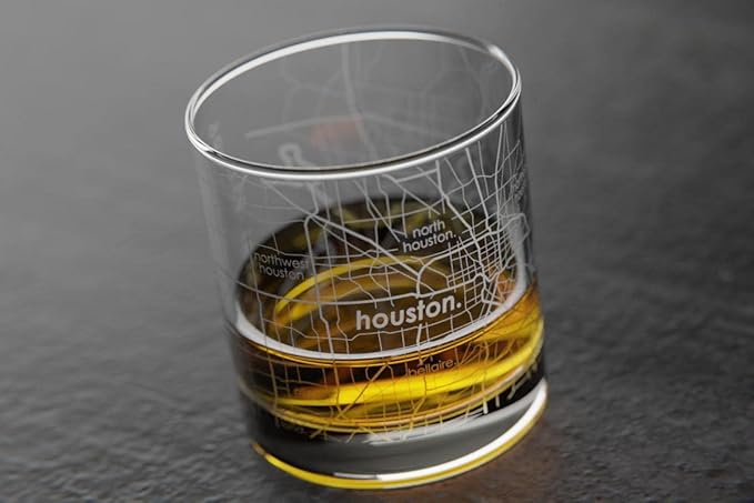 Well Told Engraved Houston Texas Map Rocks Glass, Old Fashioned Whiskey Glass (11 oz, Clear) Etched Whiskey Glass, Gifts For Whiskey Lovers