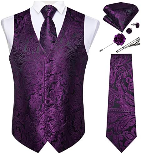 DiBanGu Mens Vest and Tie Set Formal Paisley Waistcoat and Necktie Pocket Square Cufflinks Silk Suit Vest for Tuxedo Wedding by DiBanGu