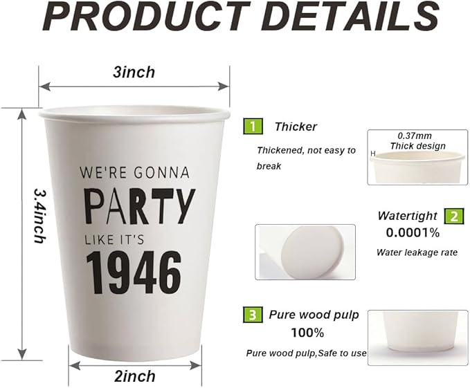 SharkBliss 1946 80th Birthday Party Cups 9oz Black 20 Pack for Men Women – Party Like It's 1946