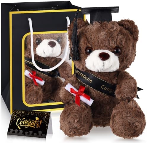 Bear with Graduation Cap Toys Class of 2026 Plush Stuffed Teddy Bear Animal Dog Cap and Gown with Greeting Card and Bag for Graduation Day Gift(Black B) by ZJoey