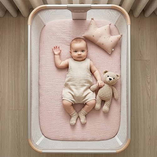 Muslin Bassinet Sheet Compatible with Maxi-Cosi Iora & Iora Air Bedside Sleeper - 100% Cotton Rectangular Mattress Pad Cover (33"x20"), Breathable & Soft, Boho (1 Pack Pink) - Image 5