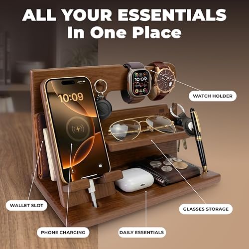 TESLYAR Wood Phone Docking Station for Men - Desk or Nightstand Organizer - Birthday Gifts for Husband or Dad - Anniversary Idea from Wife - Key Holder, Stand Wallet, Watch & Essentials (Earth Beige) - Image 4