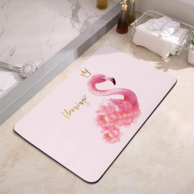 Flower Pink Flamingo Bathroom Mat, Non-Slip Super Absorption Bath Carpet with Rubber Backing, Fit Under Bathroom Doormat Floor Rugs for Shower Buthtub Sink, 17"x24"