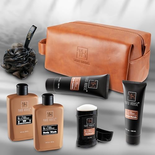 YARD HOUSE Luxury Mens Bath and Body Gift Set Basket For Him - Smoky Sandalwood - All Natural Skin Care Kit For Men w. Full Size Body Wash, Facial Scrub, Body Lotion, Deodorant in Leather Toiletry Bag - Image 5
