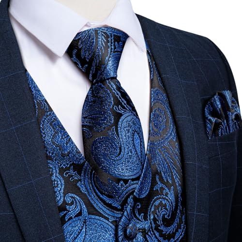 DiBanGu Mens Vest and Tie Set Formal Paisley Waistcoat and Necktie Pocket Square Cufflinks Silk Suit Vest for Tuxedo Wedding - Image 3