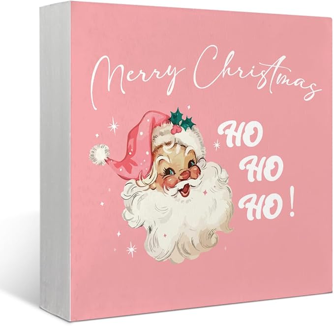 Mtrgdn Pink Santa Claus Decor Sign,Pink Merry Christmas Indoor Wood Box Signs Decorations,Rustic Santa Decor for Home Bathroom Bedroom Kitchen Office Desk Table Shelf Wall,Christmas Gifts for Women,5x5 Inch