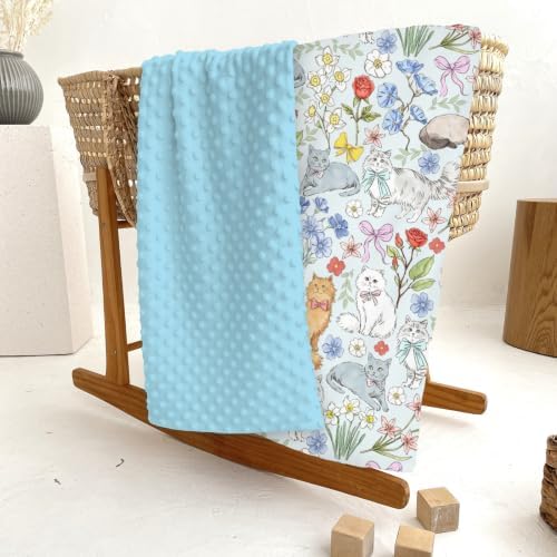Colorful Cats Boho Floral Baby Blankets for Girl Boy Cute Kitten Bows Flowers Soft Mink Dotted Backing Double Layer Swaddle Receiving Blanket Toddler Cat Lovers Gift Nursery Bed Blanket 30x40 Blue - Image 6