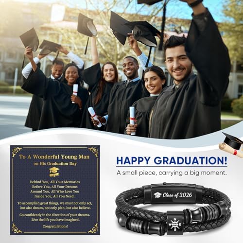Graduation Gifts for Men Him Class of 2026 - High School College Master Leather Bracelets Adjustable Braided Leather Compass Bracelets Inspirational Graduate Gift for Men Son Boyfriend Brother Huaband - Image 3